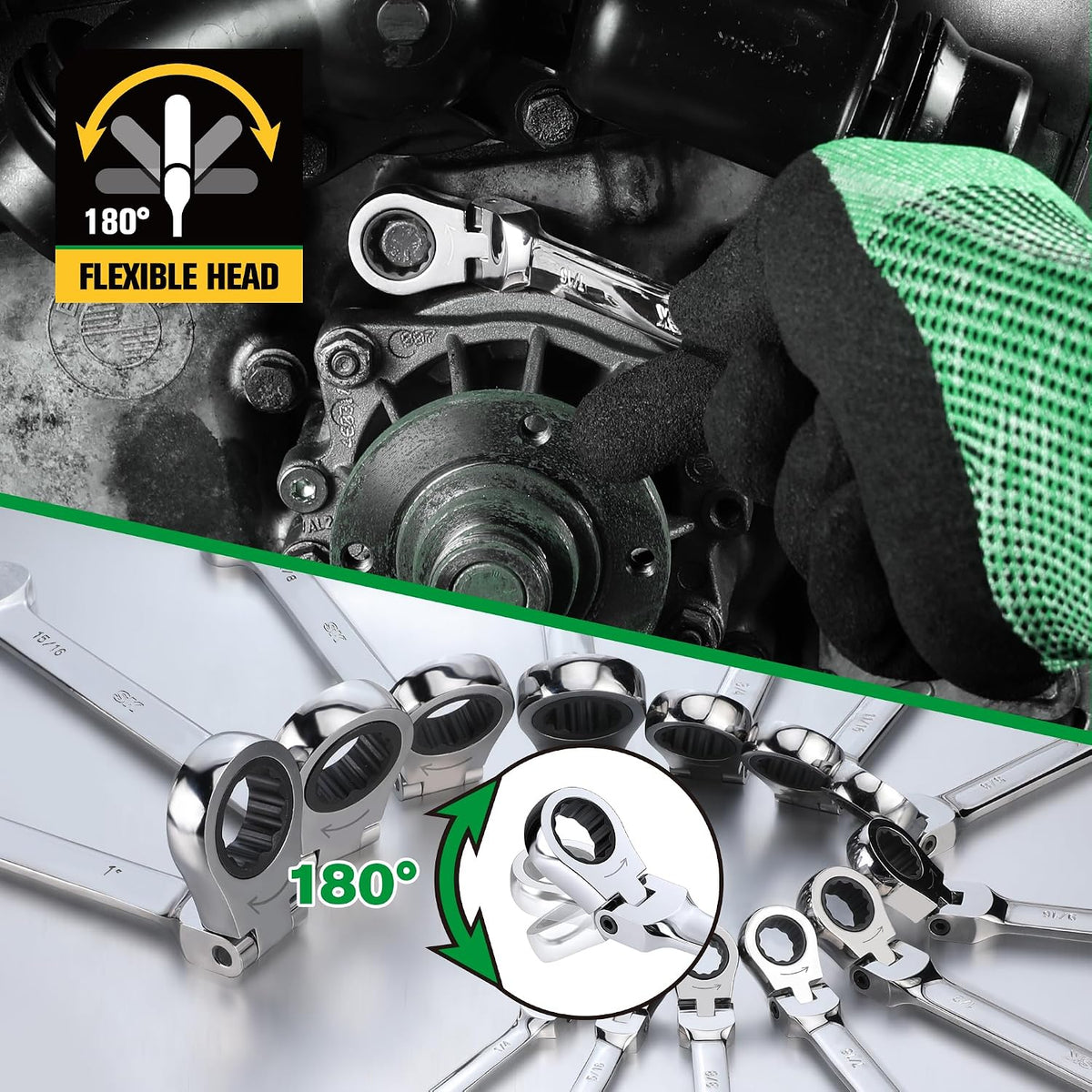 SK Flex-Head Ratcheting Wrench Set, Combination Wrench Set, 13-Piece, SAE 1/4' to 1', 72-Tooth, Premium CR-V Construction, with Rack Organizer