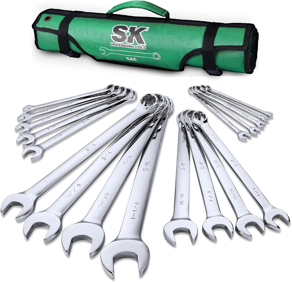 SK Combination Wrench Set, SAE 1/4' to 1-1/4', 18-Piece, SuperKrome Finish, Premium CR-V Construction, with Rolling Pouch