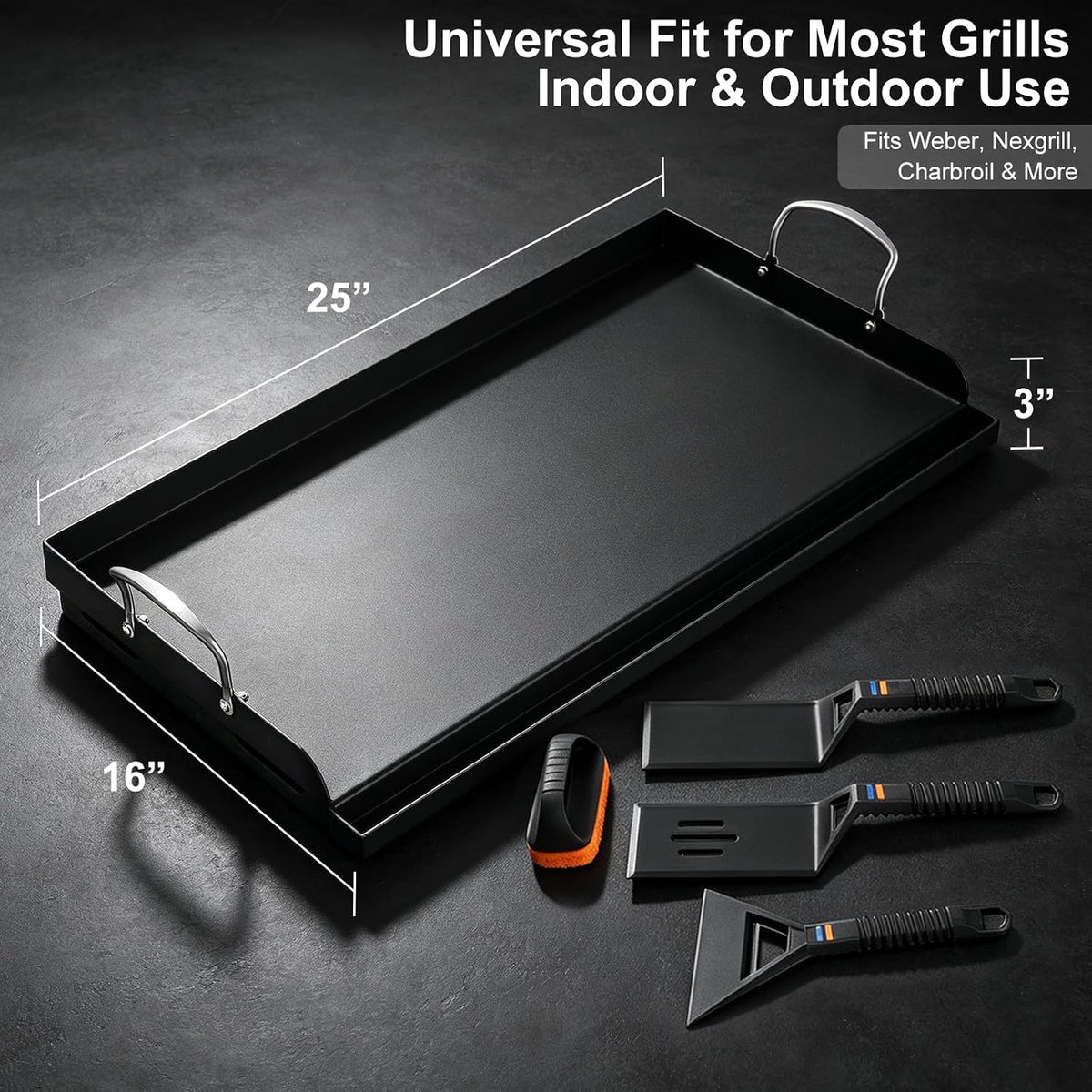 25' x 16' Cast Iron Griddle for Gas Grill with Silicone Griddle Tool Kit, Pre-Seasoned Grill Griddle for Gas/Charcoal Grills, Flat Top Grill Accessories Set with Spatulas, Scraper Cleaning Brush