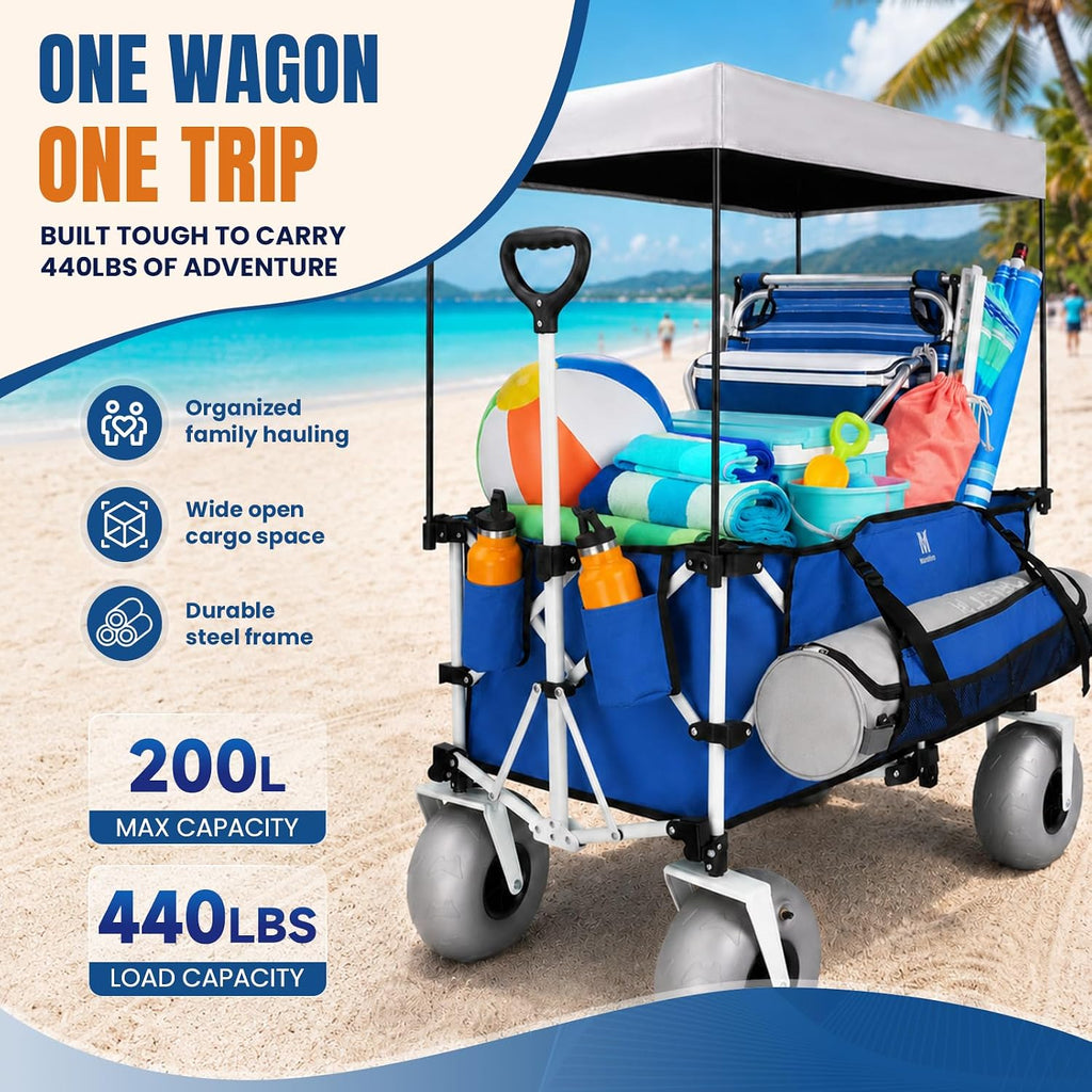 Navatiee Beach Wagon with Big Balloon Wheels for Sand, 200L Extra Large Beach Cart with Canopy, 440Lbs Heavy Duty Folding Wagon Collapsible with 9' Tires & Side Pocket for Beach, Outdoor, Blue