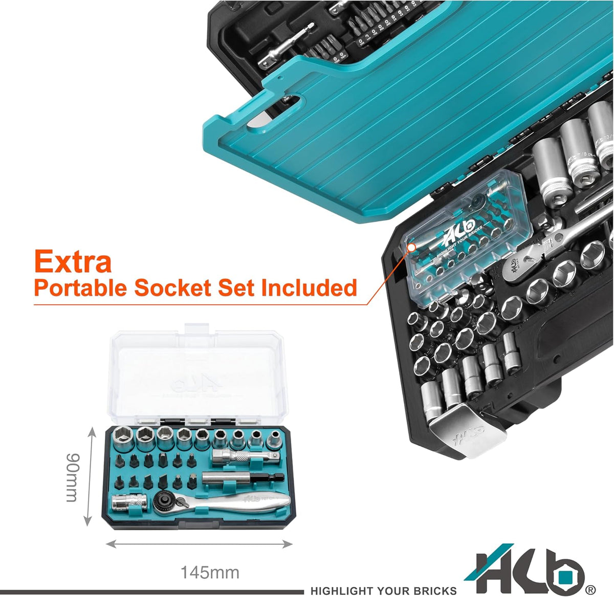 HB 123-Piece Socket Set AKX008-U, 90T Flex Head Ratchet 3/8', 72T Stubby Ratchet 1/4', Dual Drive Breaker Bar, Metric & SAE Non-Slip Deep & Semi-Deep Impact Sockets, Chrome Vanadium, Made in Taiwan