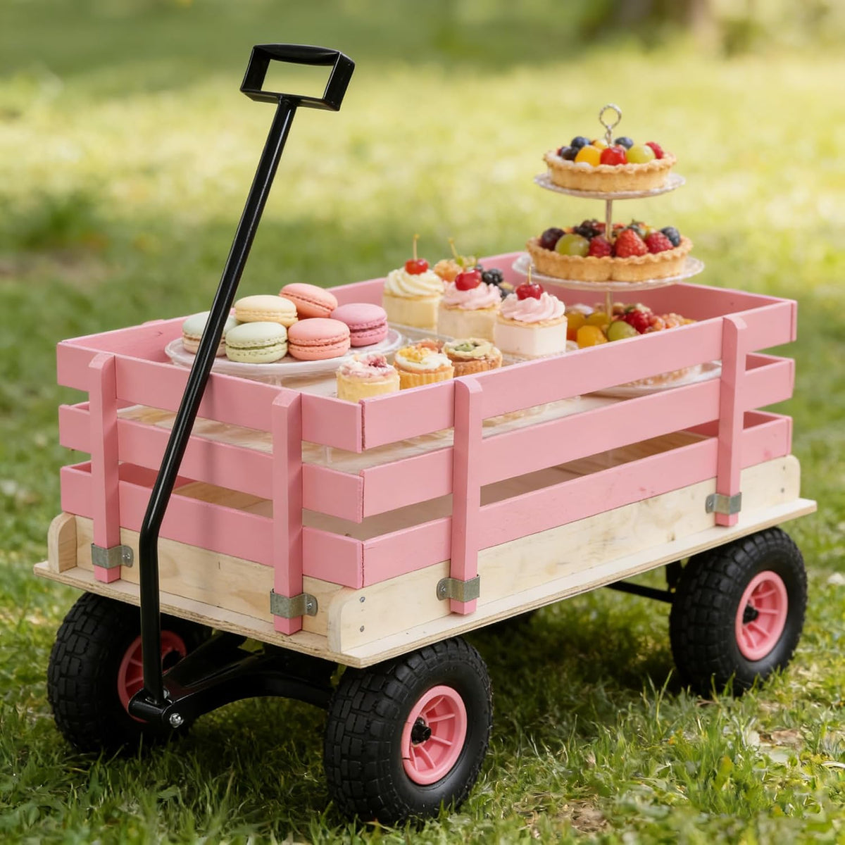 Garden Cart with Removable Side Panels, 176 lbs Capacity - Heavy-Duty Steel Yard Cart with Pneumatic Tires, Ideal for Gardening, Beach Use, and More (Pink-Black Handle)