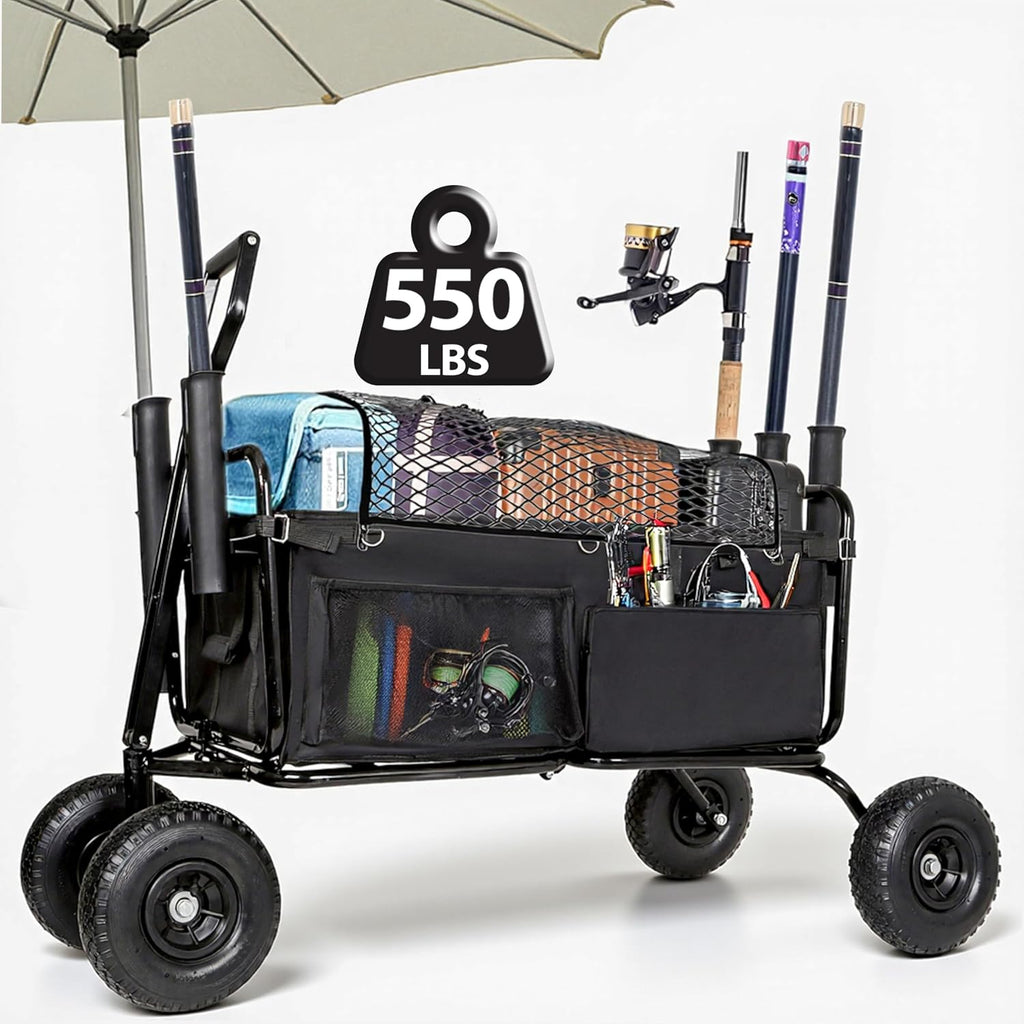 Fishing Cart Beach Cart Collapsible Wagon with 9.85' All-Terrain Wheels for Sand, Heavy Duty Foldable Utility Cart 550LBS Capacity with Rod Holders for Camping, Garden, Grocery, Outdoor Sports(Black)
