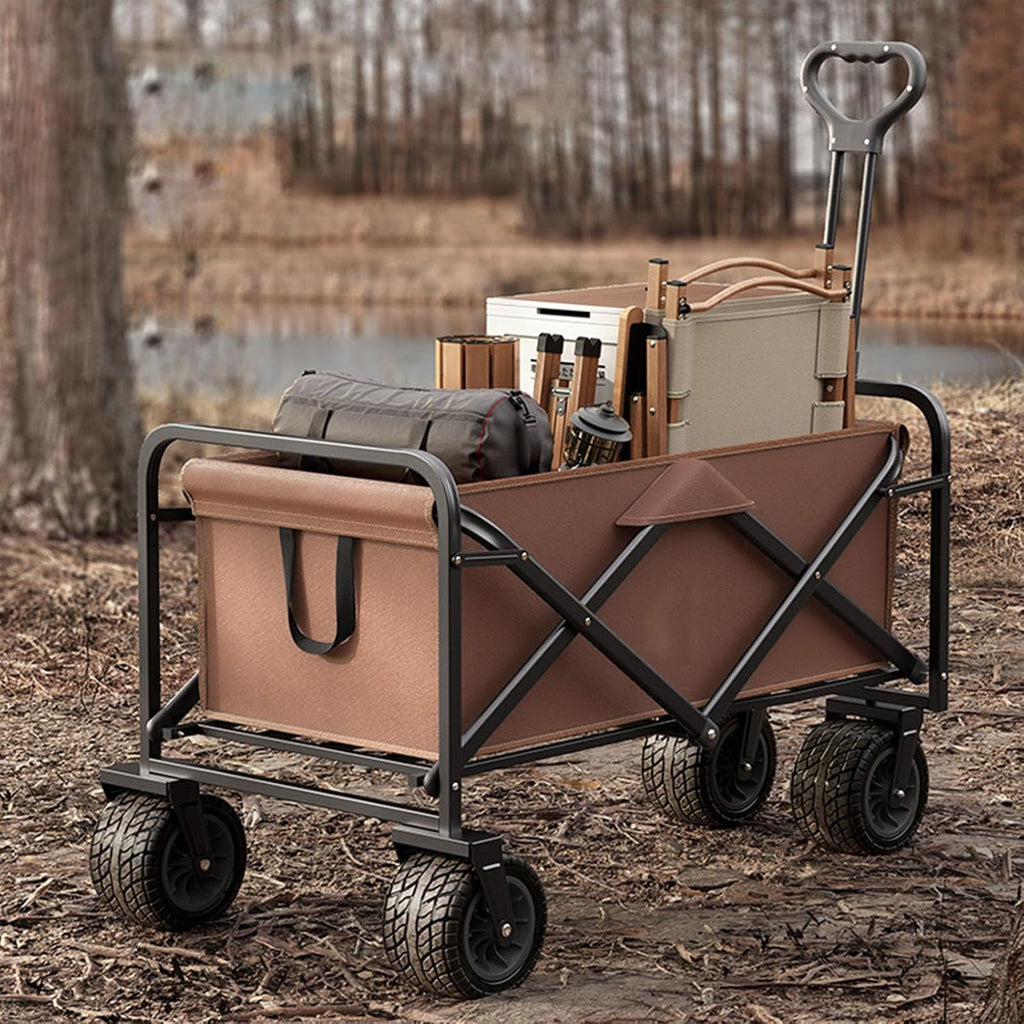 Coffee Color Garden Carts,Collapsible Wagon,Sports Outdoor Utility Wagon Folding Garden Wagon Sports Steel Frame Foldable Yard Car Side Pockets Camping Cart Off-Road Wheels with Brakes