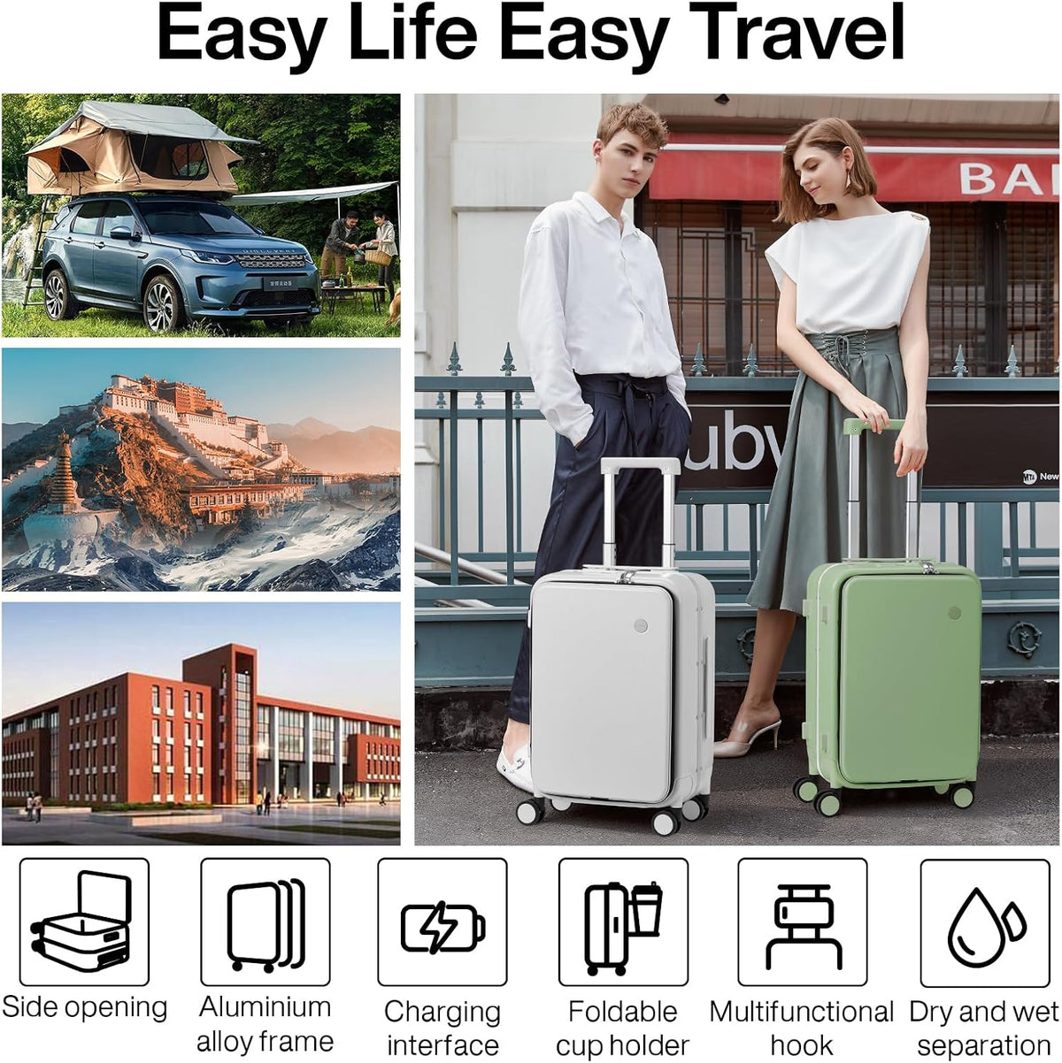 mixi Large Checked Luggage with Cup Phone Holder and Charger Hard Shell Suitcases with Spinner Wheels, 26 Inch Avocado Green