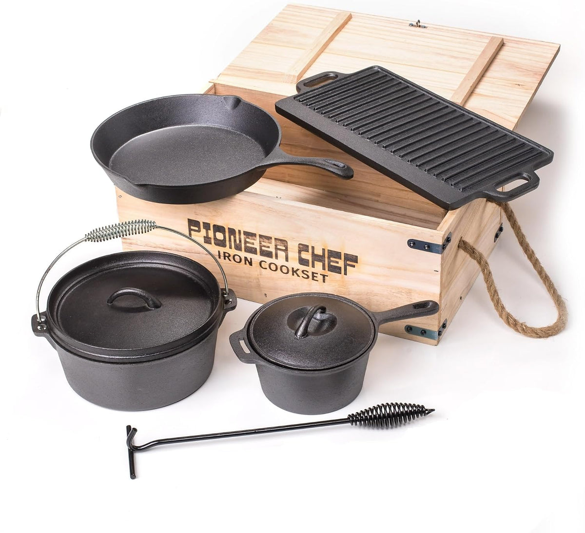 Lehman's Prospector's Iron Cookware Camping Dutch Oven Set 8 Pieces Wood Box