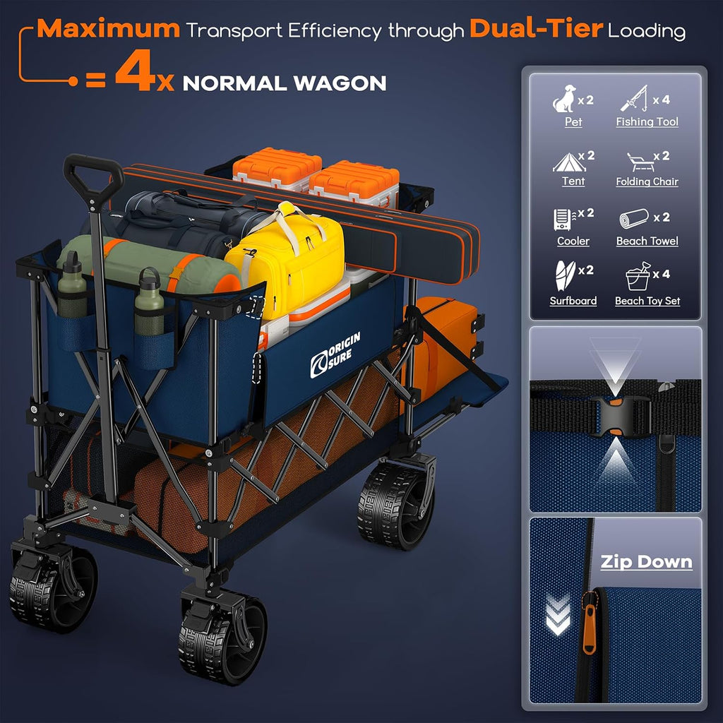 Originsure 400L Double Decker Wagon Collapsible with 54' L Tailgate, 560lbs Heavy Duty Carts Foldable, Extra Large Folding Beach Wagon with Big All-Terrain Wheels for Camping, Sports, Groceries, Blue