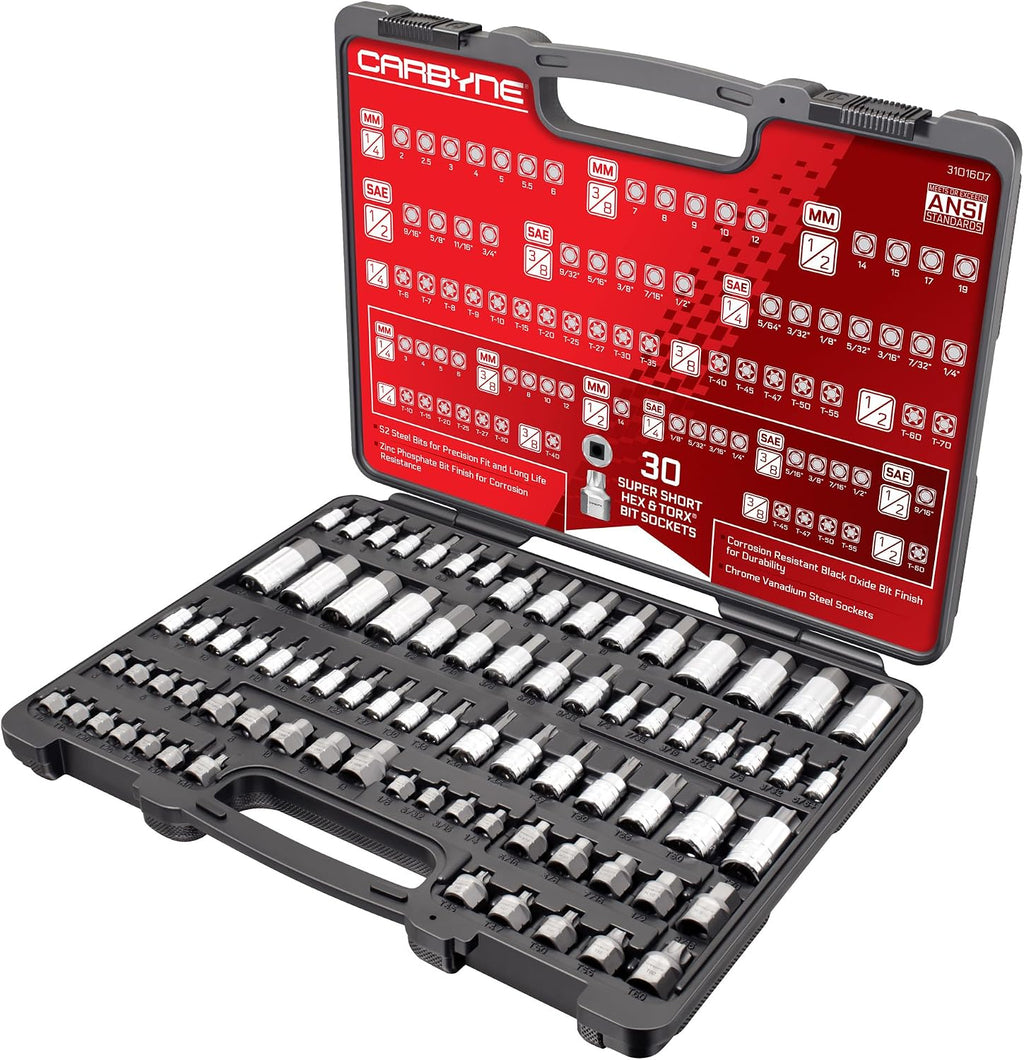 CARBYNE 80-Piece Master Torx, SAE Hex (Allen) and Metric Hex (Allen) Bit Socket Set with 30 Stubby Low Profile Super Short, S2 Steel Bits, CrV Sockets, 1/4 3/8 1/2 in. Drive, Durable Case