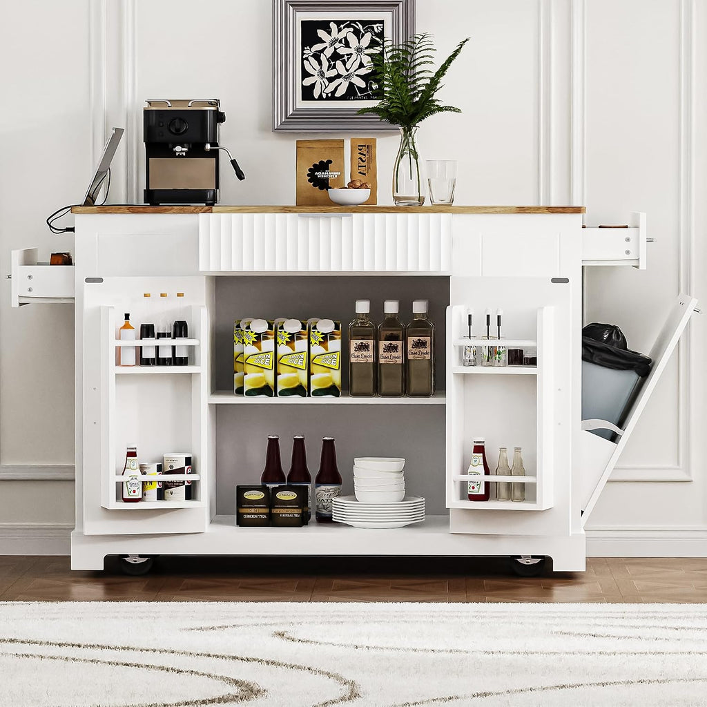 Fluted Rolling Kitchen Island Cart on 5 Wheels with Trash Can Storage Cabinet, Power Outlet, 3 Drawer, 3 Open Side Racks, 10 Gallon Garbage Bin for Kitchen, Dining Room, White