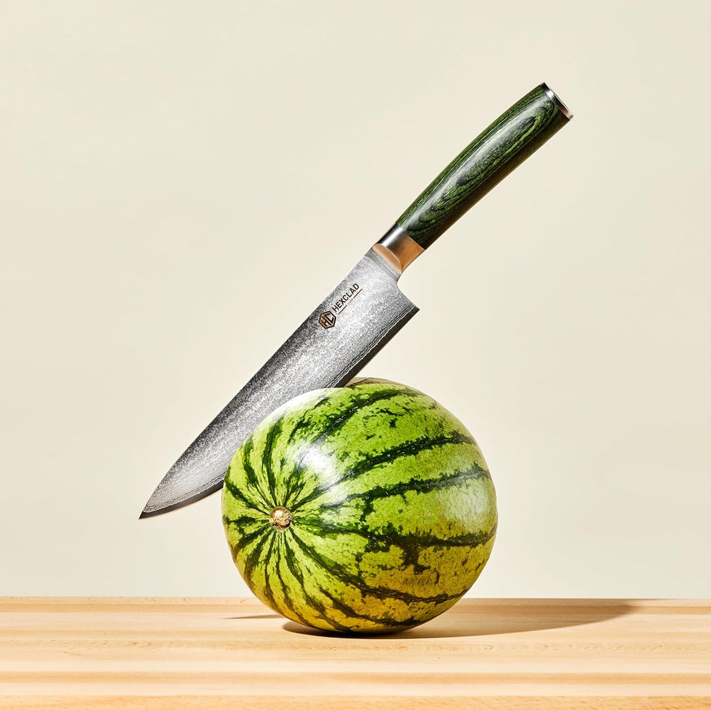 HexClad 8 Inch Japanese Damascus Stainless Steel Chefs Knife, Full Tang Construction, Pakkawood Handle