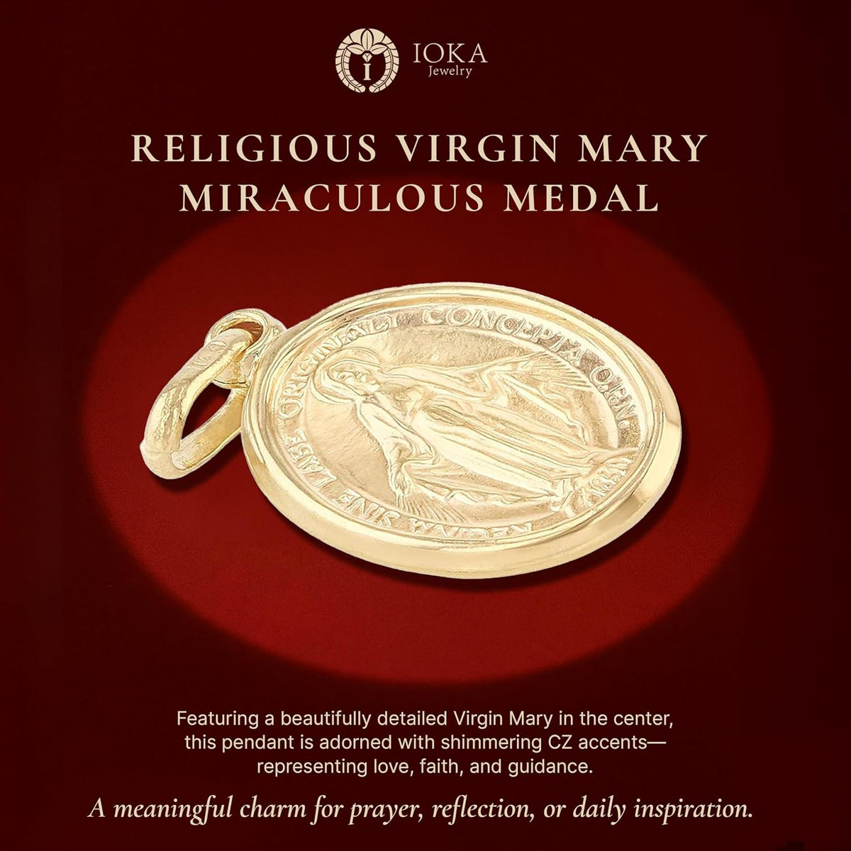 Ioka 14K Solid Yellow Gold Virgin Mary Miraculous Medal Pendant – Classic Catholic Religious Charm Jewelry for Men & Women