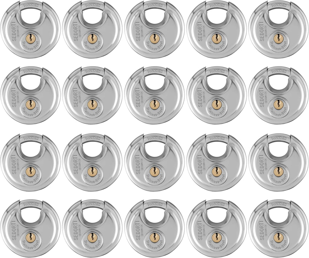 SEDORTI 20-Pack Disc Padlocks Keyed Alike, 2-3/4 inch Wide, Stainless Steel 304 Round Lock, Waterproof and Rustproof Storage Lock with Brass Keys, Ideal for Storage Unit Gate, Outdoor, Shed, Fence
