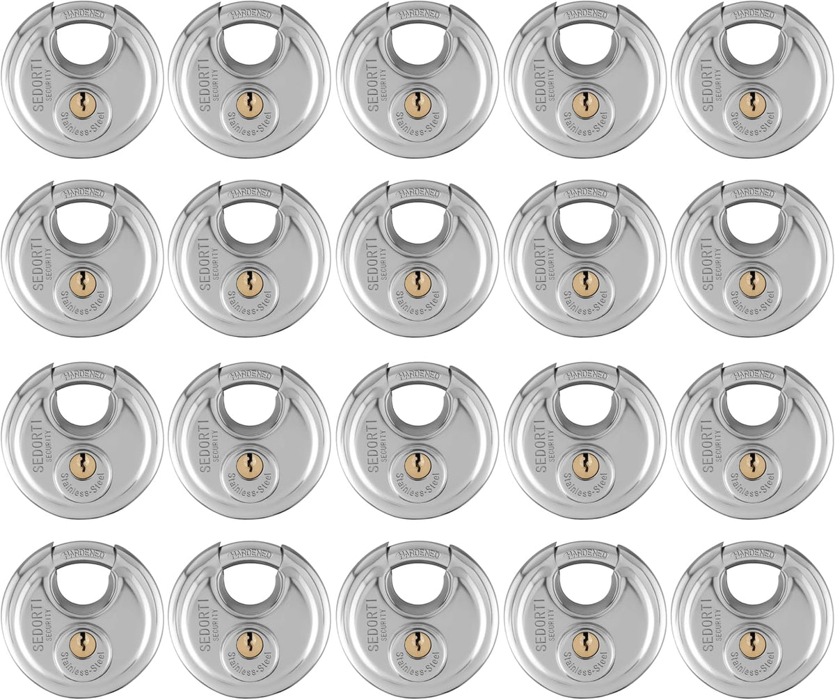 SEDORTI 20-Pack Disc Padlocks Keyed Alike, 2-3/4 inch Wide, Stainless Steel 304 Round Lock, Waterproof and Rustproof Storage Lock with Brass Keys, Ideal for Storage Unit Gate, Outdoor, Shed, Fence