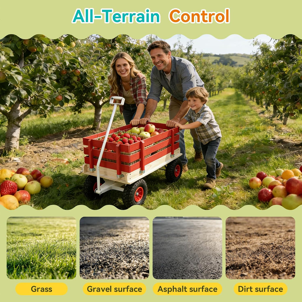 Garden Cart with Removable Side Panels, 176 lbs Capacity - Heavy-Duty Steel Yard Cart with Pneumatic Tires, Ideal for Gardening, Beach Use, and More (Red-White Handle)