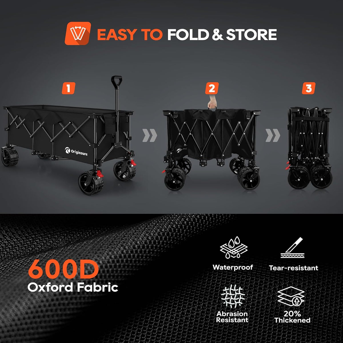 48' L Folding Beach Wagon Cart Foldable, 560lbs Weight Capacity 300L Heavy Duty Collapsible Wagons with Big All-Terrain Wheels, Utility Carts for Groceries, Shopping, Camping, Sports - Black