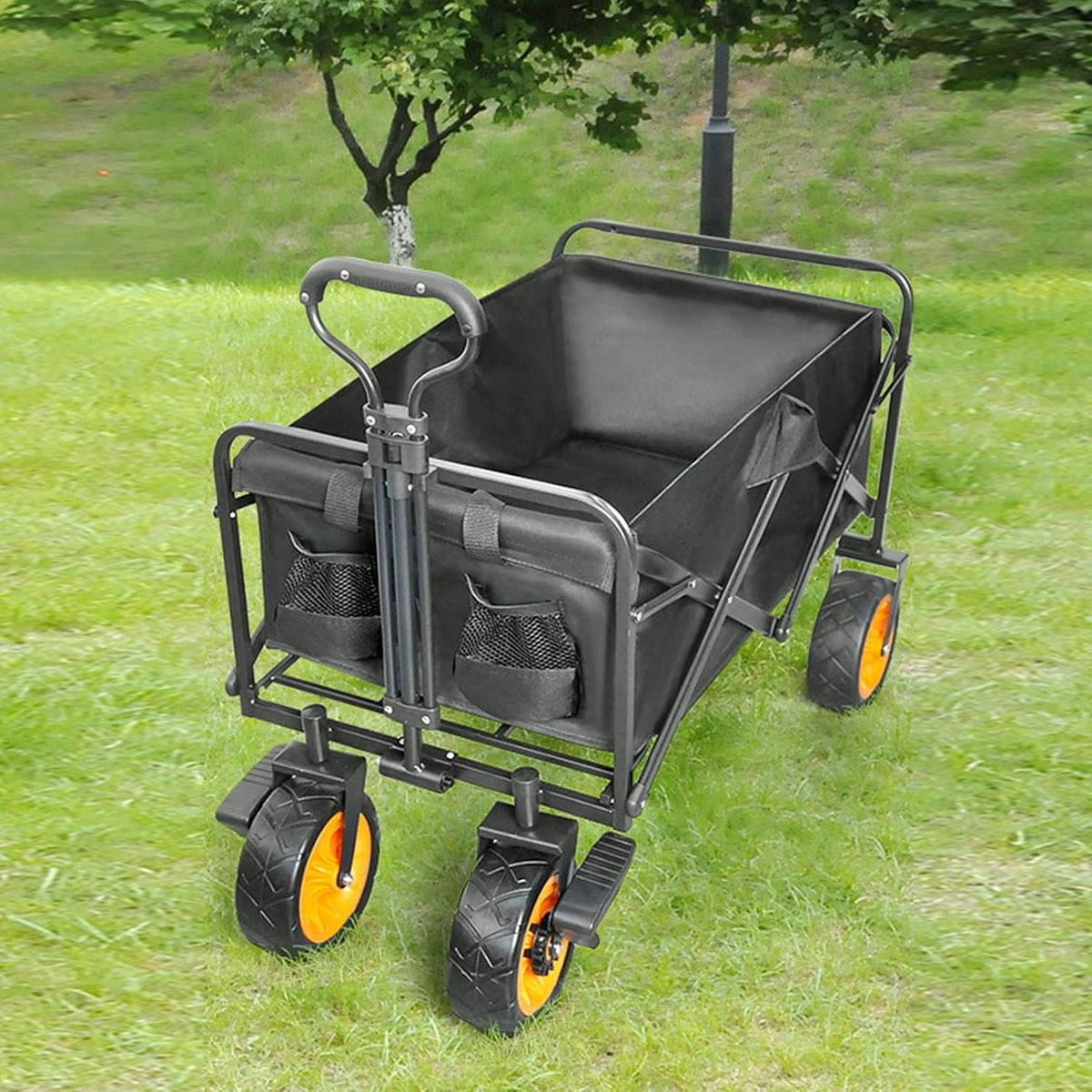 Bgarden Carts,Collapsible Wagon,Sports Outdoor Utility Wagon Folding Garden Wagon Sports Steel Frame Foldable Yard Car Universal Wheel with Brake Camping Cart with Side Pockets