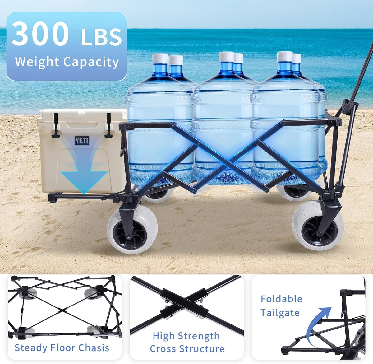 51' L Beach Wagon with 9' Sand Wheels,260L Collapsible Beach Cart with Rear Tailgate,Heavy Duty Wagon for Sand, Camping, Fishing and Sport,Blue