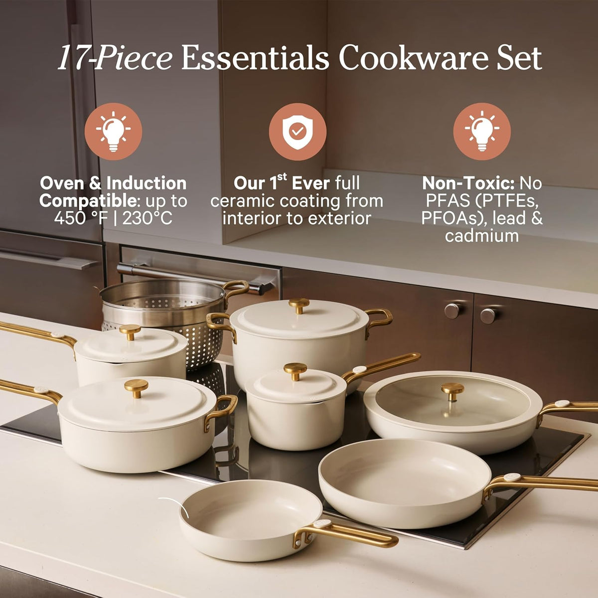 Our Place 17-Piece Essentials Complete Cookware Set - Ceramic Fry Pans, Saucepans, Sauté Pan, Stock Pot, Strainer Basket & Modular Storage | Thermakind™ Nonstick, Oven Safe up to 450°F | Cream