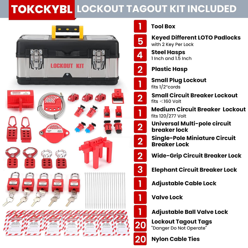 Lockout Tagout Kit Electrical Loto - 67 PCS OSHA Compliant Safety Kit with Padlocks, Hasps, Circuit Breaker Lockouts, Zip Ties, Tags & Tool Box for Industrial/Electrical Equipment
