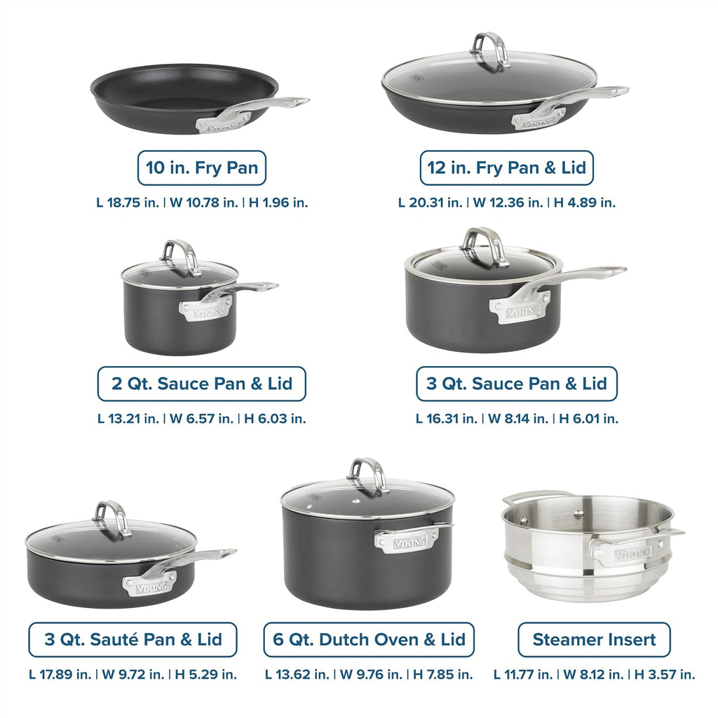 Viking Cookware Set, 12 Piece Hard Anodized Ceramic Nonstick Kitchen Cookware with Glass Lids, Made without PFAS, Oven Safe, Induction Ready