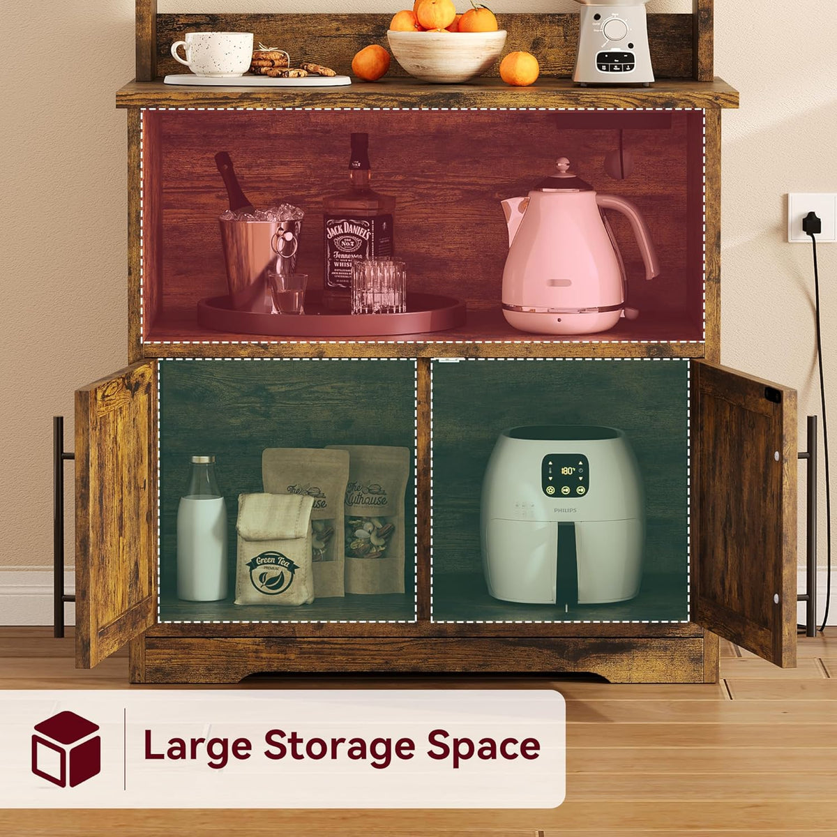 Bakers Rack with Storage Cabinet, Farmhouse Microwave Stand with Power Outlets, Small Kitchen Bakers Rack with Thick Table Top, Coffee Bar Station for Dining Room, Retro Brown