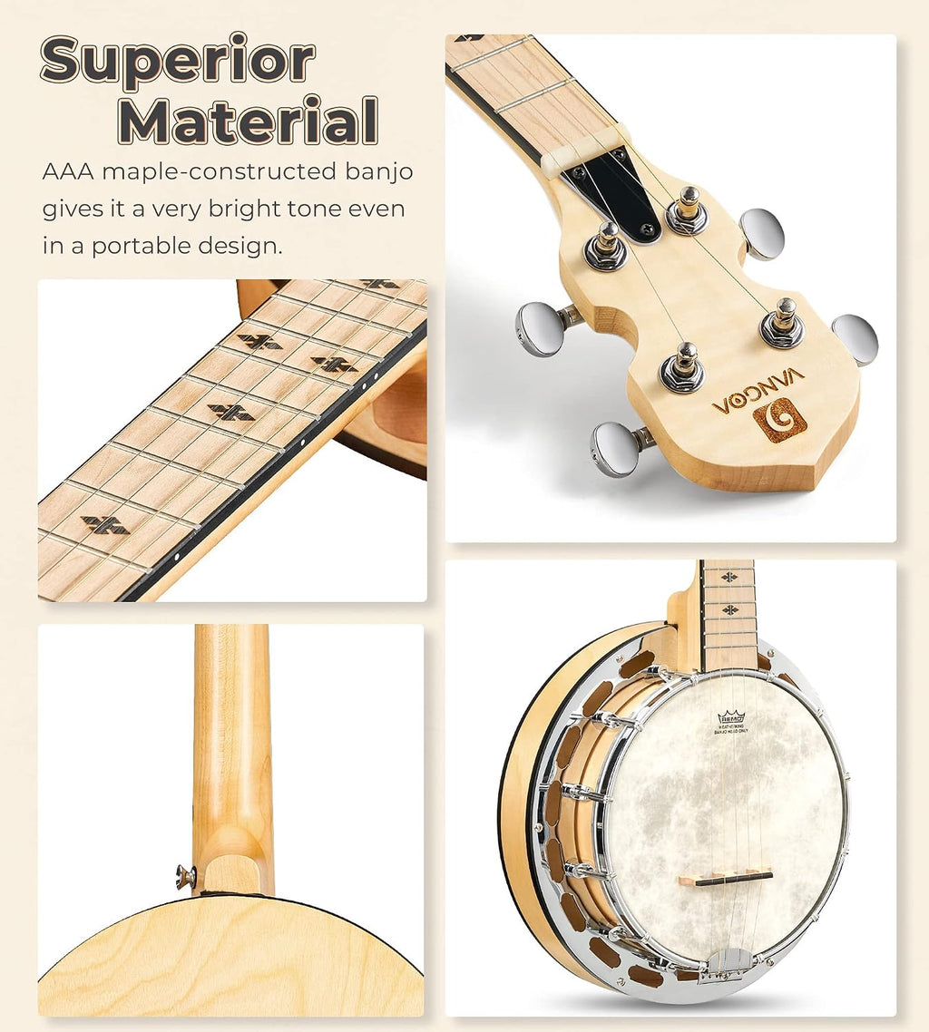 Vangoa Mini 5 String Banjo 28 Inch - Travel Maple Small Beginner Kit With Tone Ring, Fiberskyn Remo Head for Kids Teens Adults