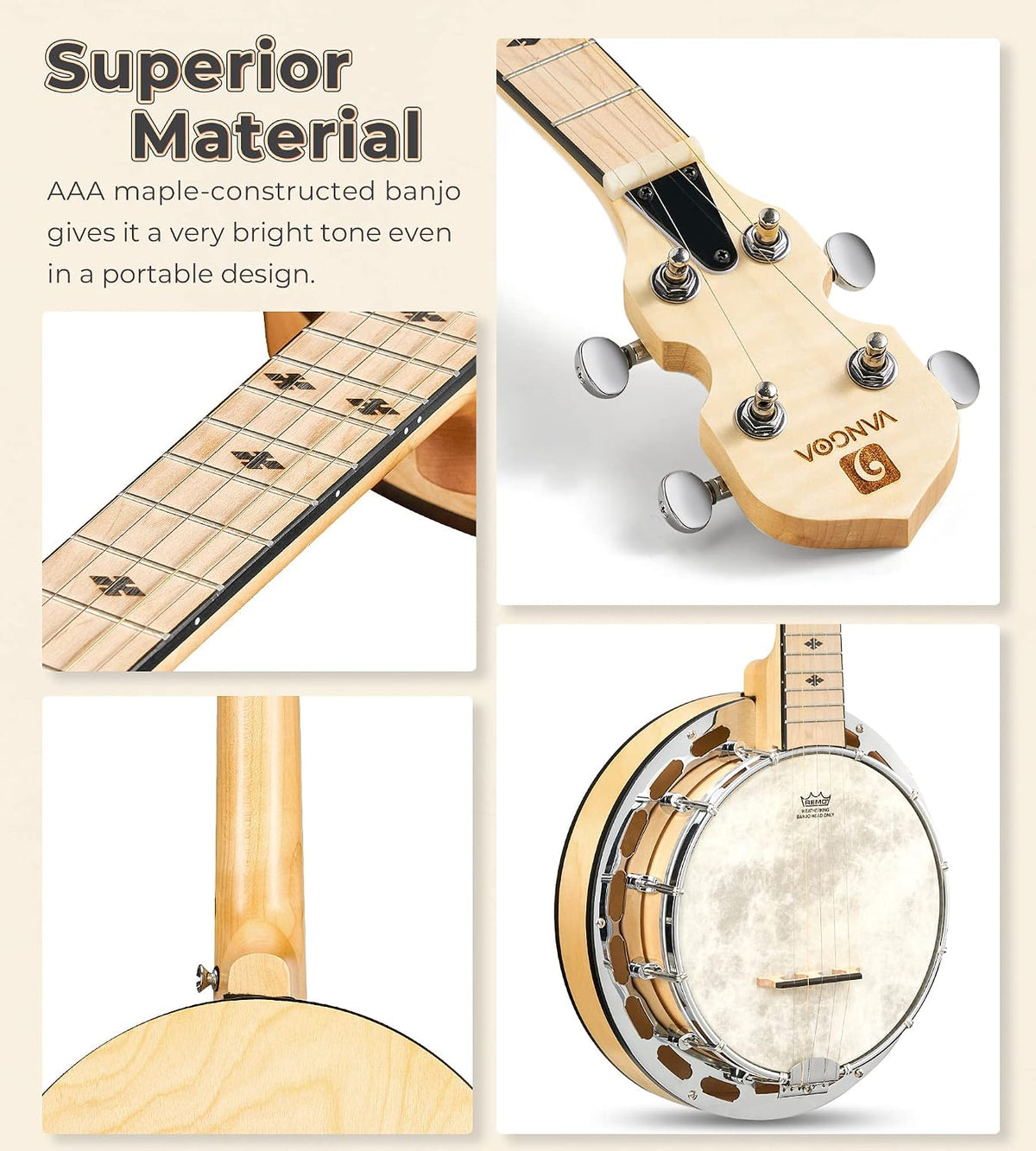 Vangoa Mini 5 String Banjo 28 Inch - Travel Maple Small Beginner Kit With Tone Ring, Fiberskyn Remo Head for Kids Teens Adults