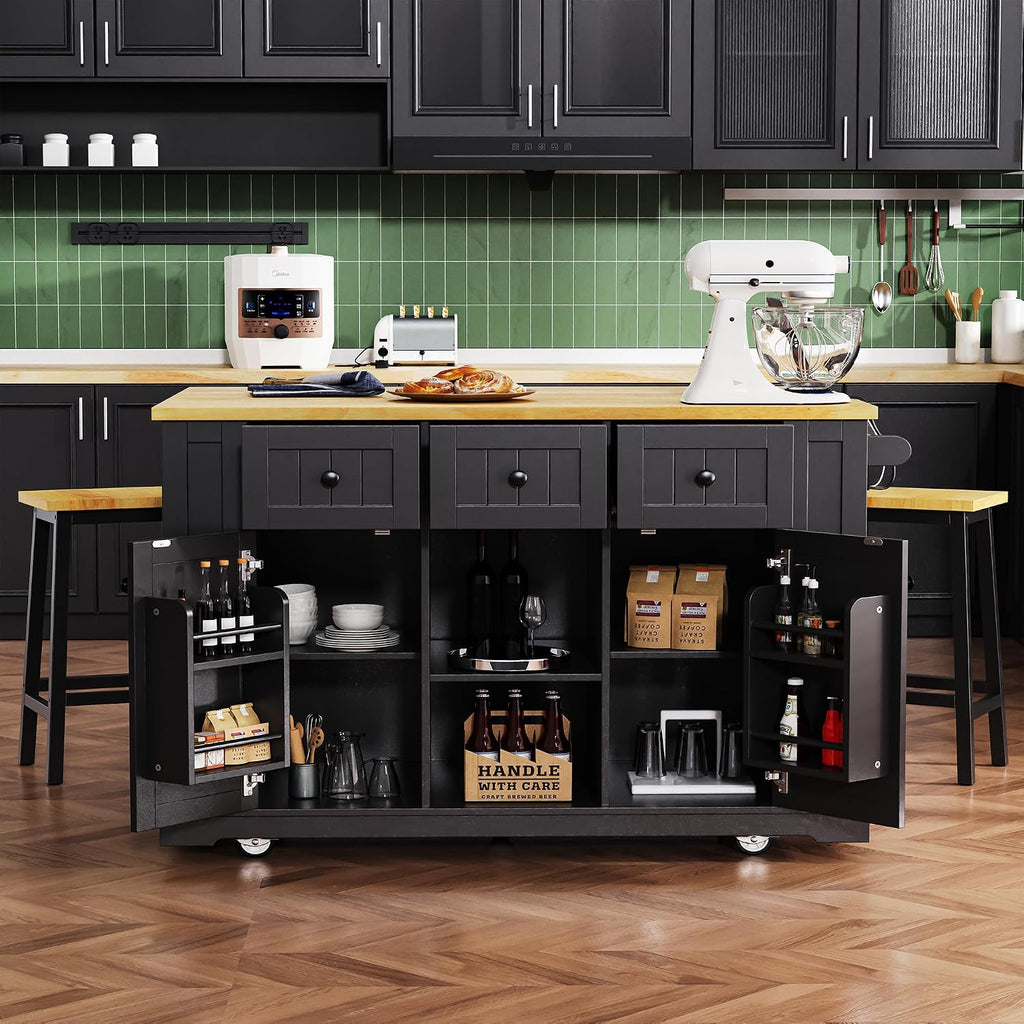 53inch Large Kitchen Island with Drop Leaf, Power Outlet, Internal Storage Rack, Rolling Kitchen Cart On 5 Wheels with 5 Open Side Racks for Kitchen, Dining Room, Black