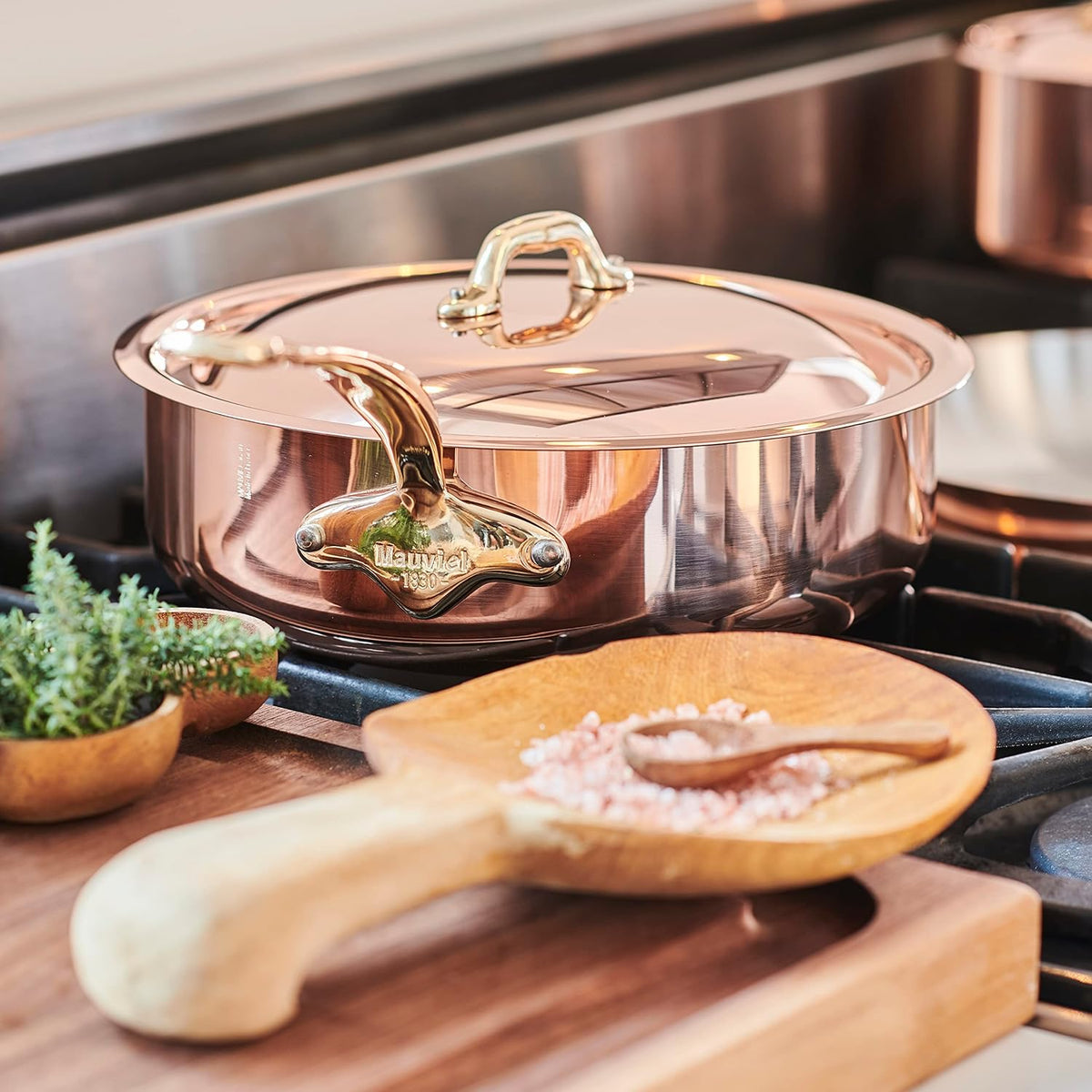 Mauviel M'Heritage 150 B 1.5mm Polished Copper & Stainless Steel 14-Piece Cookware Set With Brass Handles, Made In France