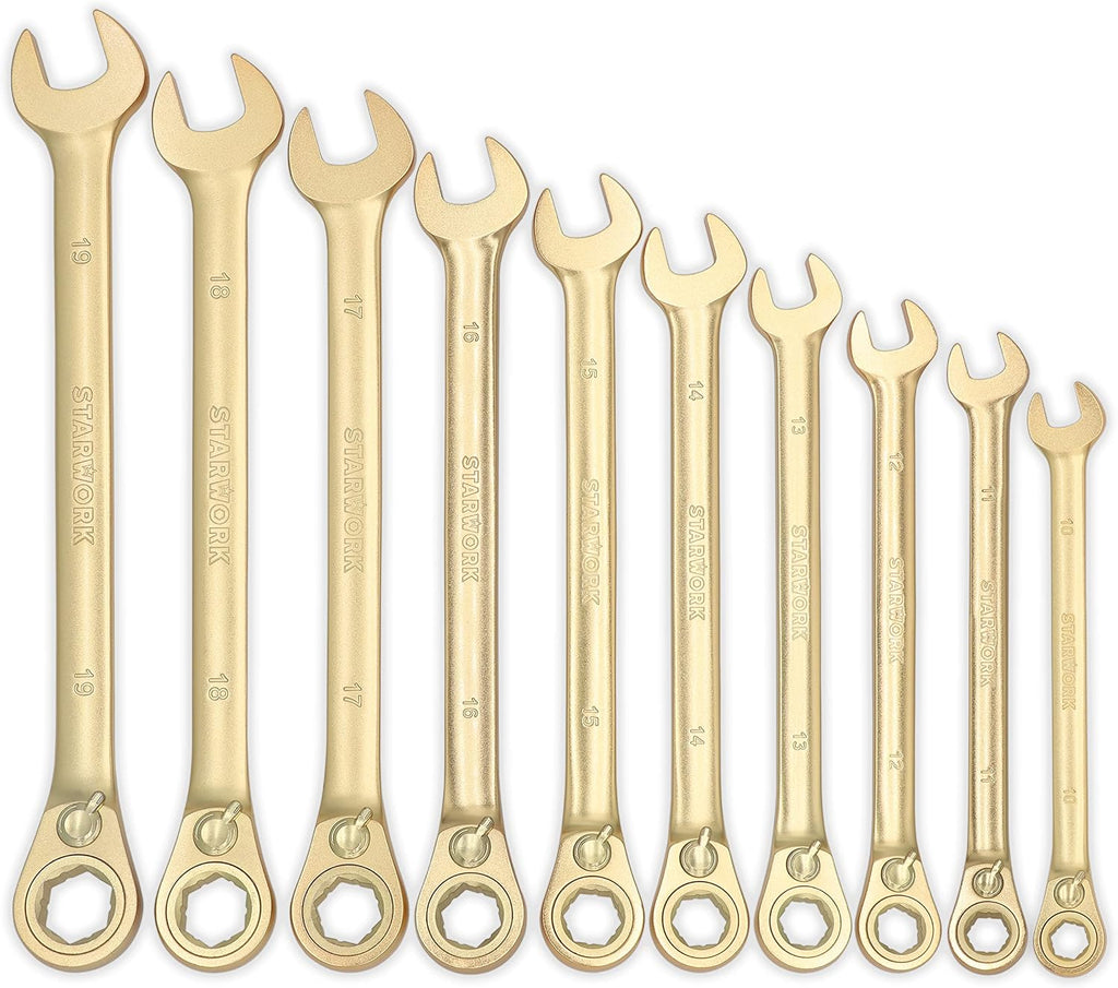 STARWORK 20 Pc. 6-Point SAE, Metric 15° Offset Vintage G-Plating Reversible Non-Slip Long Pattern Ratcheting Combination Wrench Set (5/16' -3/4' & 8-19 mm)
