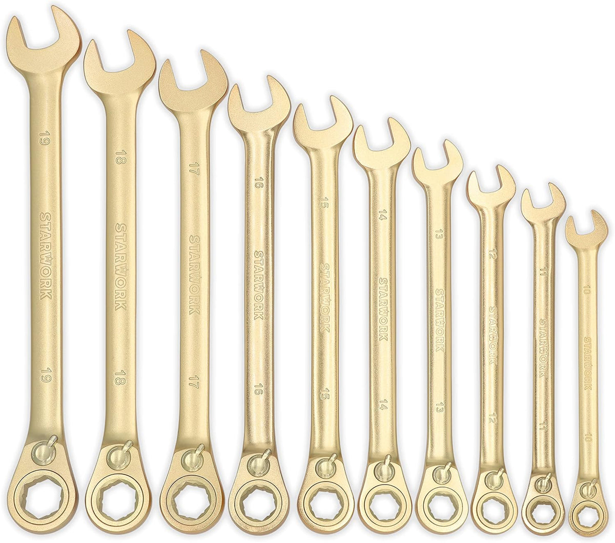 STARWORK 20 Pc. 6-Point SAE, Metric 15° Offset Vintage G-Plating Reversible Non-Slip Long Pattern Ratcheting Combination Wrench Set (5/16' -3/4' & 8-19 mm)