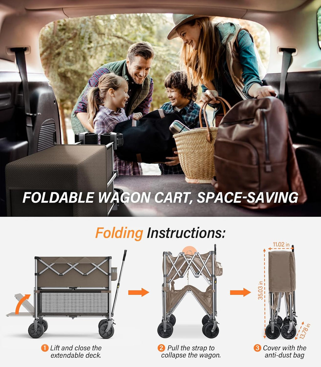 Collapsible Wagon Double Decker,Wagons Carts Foldable,Heavy Duty Wagon Camping Sports Garden Grocery,Utility Wagon for All Terrain Brown