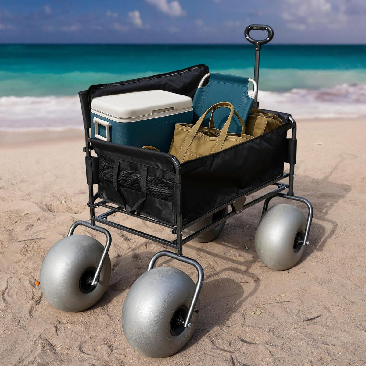 Beach Wagon with 13'' Balloon Wheels, Foldable Cart Converts into a 2-Person Sofa for Adults, Wheel Chair Wagon Bench Love Seat Combo with Big Wheels for Sand
