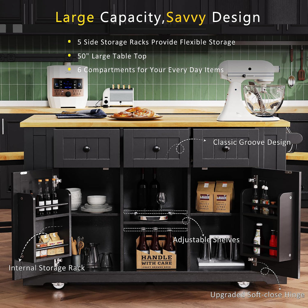 Kitchen Storage Island on Wheels with 2 Bar Stools, Rolling Drop Leaf Kitchen Island Cart with Power Outlet, Open Side Racks, Door Shelves and Towel Bar, 53-Inch, Black