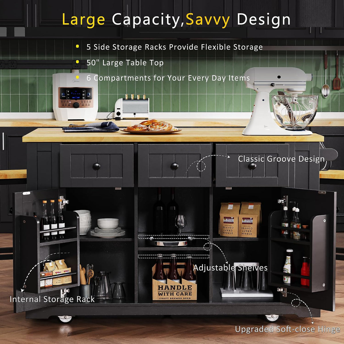 Kitchen Storage Island on Wheels with 2 Bar Stools, Rolling Drop Leaf Kitchen Island Cart with Power Outlet, Open Side Racks, Door Shelves and Towel Bar, 53-Inch, Black