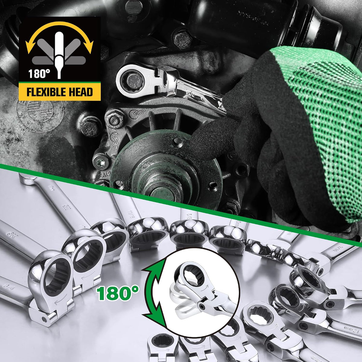 SK Flex-Head Ratcheting Wrench Set, Combination Wrench Set, 14-Piece, SAE 3/8' to 3/4', Metric 10 to 19mm, 72-Tooth, Premium CR-V Construction, with Rolling Pouch
