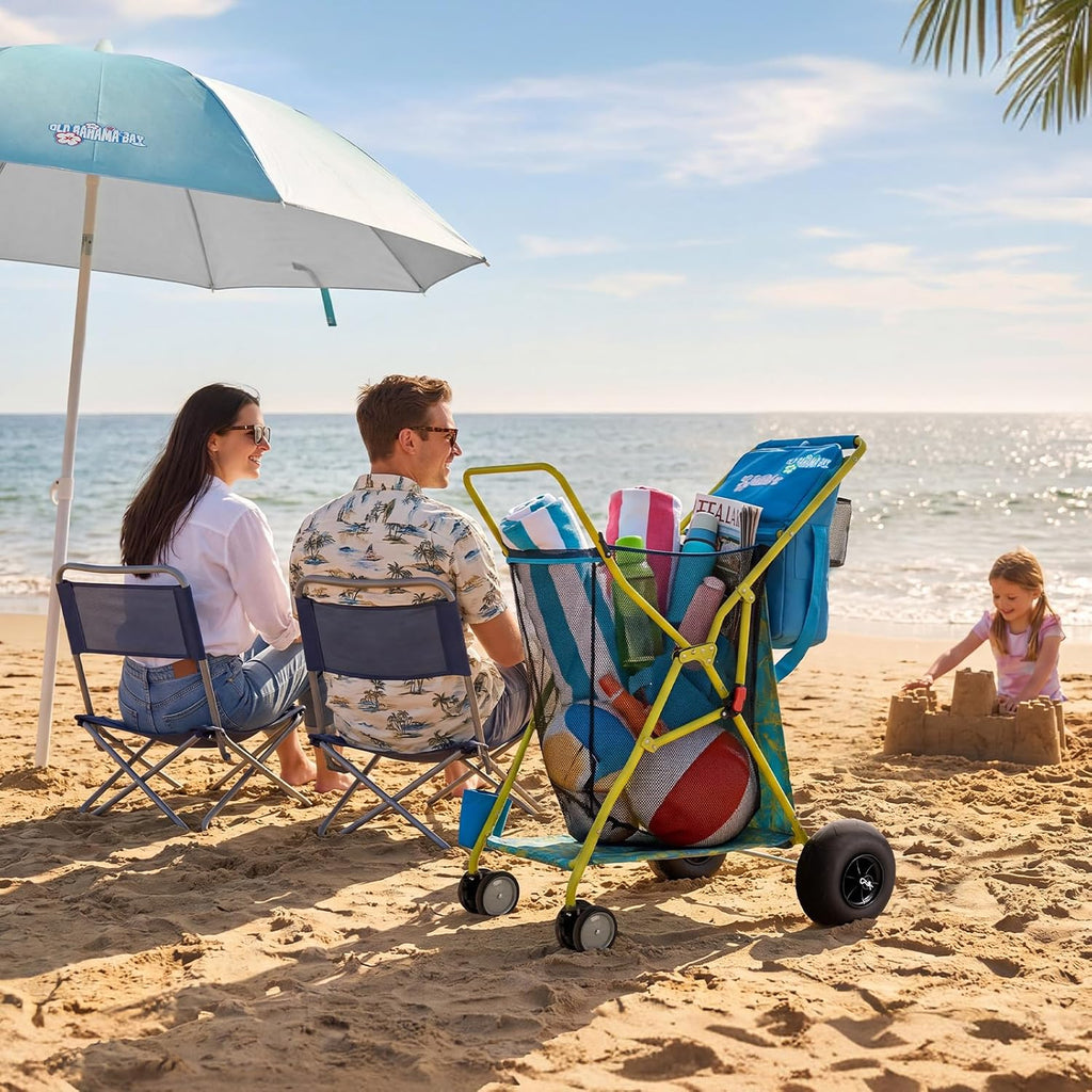 Old Bahama Bay Beach Cart with Big Balloon Wheels for Sand | Collapsible Beach Wagon with Cooler Bag, Umbrella Holder, Chair Rack & Large Mesh Storage, 100 LBS Capacity