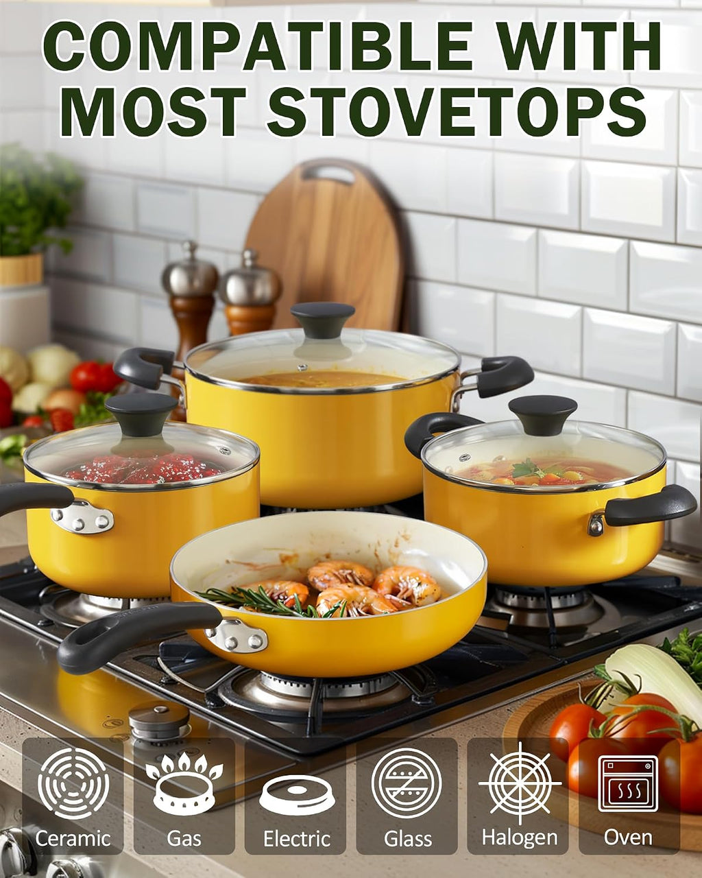 Cook N Home Basics Ceramic Nonstick Pots and Pans Cookware Set, Dutch Ovens and Saucepans with Glass Lid, Frying Pans without Lid, Not Induction, 10-Piece, Yellow