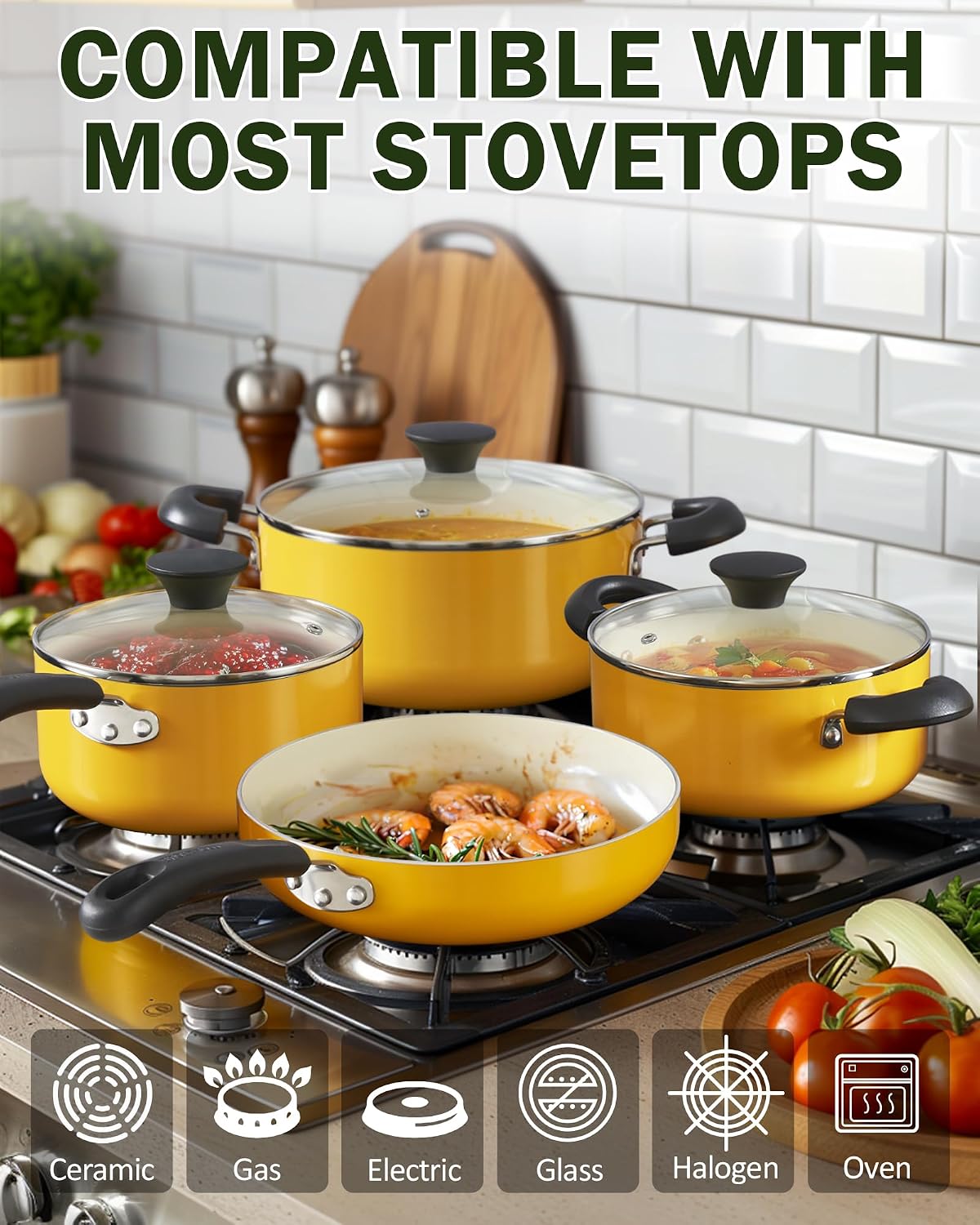 Cook N Home Basics Ceramic Nonstick Pots and Pans Cookware Set, Dutch Ovens and Saucepans with Glass Lid, Frying Pans without Lid, Not Induction, 10-Piece, Yellow