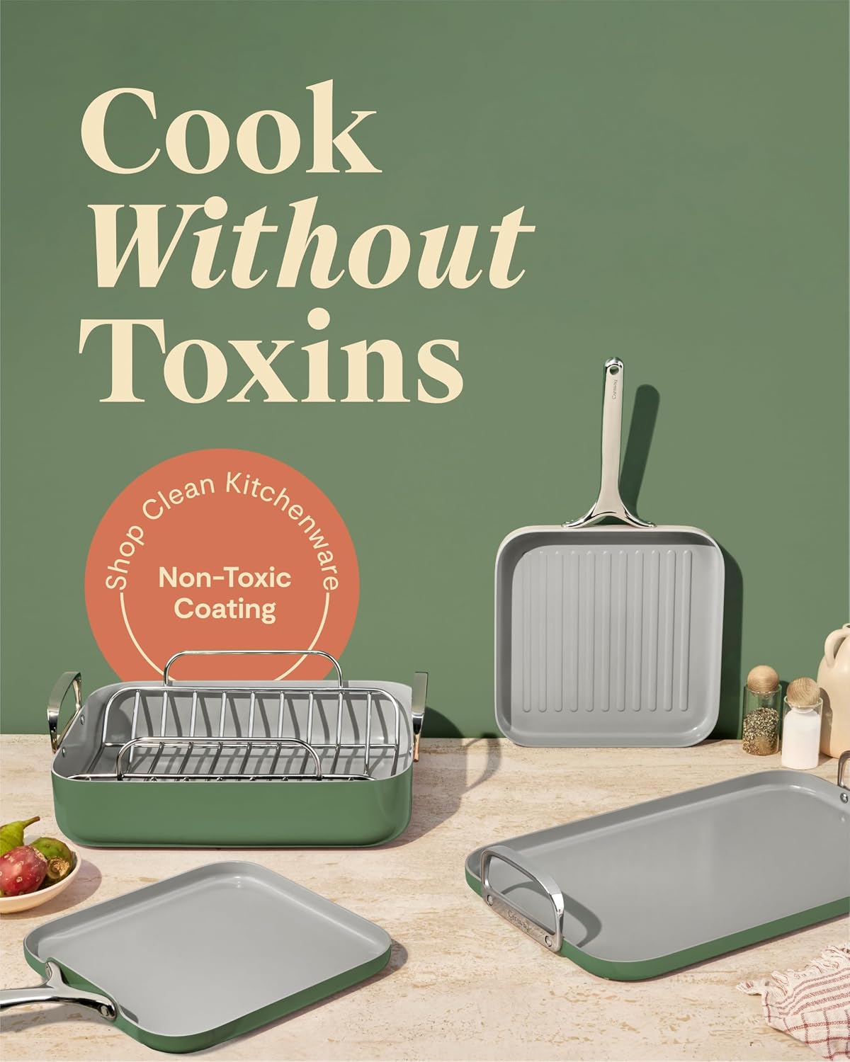 Caraway Square Cookware Set - Square Pans Set - Perfect for Griddling, Toasting, Searing, Roasting, and More - Non-Stick Ceramic Coated Pans - Non Toxic, PTFE & PFOA Free - Sage