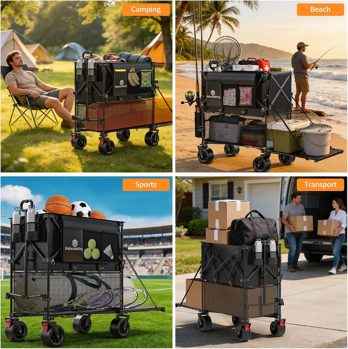 480L Double Decker Wagon, 58' L Extended Foldable Utility Cart with Tailgate, Big All-Terrain Wheels with Brakes, 520lbs Heavy Duty Collapsible Wagon for Camping Beach Sports Grocery Pets
