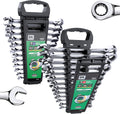 SK Ratcheting Wrench Set, Combination Wrench Set, 25-Piece, SAE 1/4' to 1', Metric 8 to 19mm, 72-Tooth, Premium CR-V Construction, with Rack Organizer