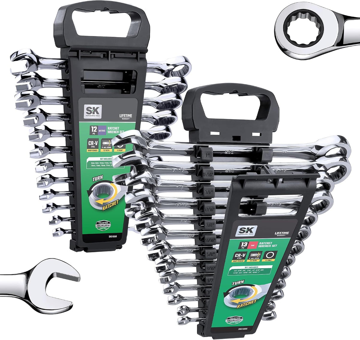 SK Ratcheting Wrench Set, Combination Wrench Set, 25-Piece, SAE 1/4' to 1', Metric 8 to 19mm, 72-Tooth, Premium CR-V Construction, with Rack Organizer