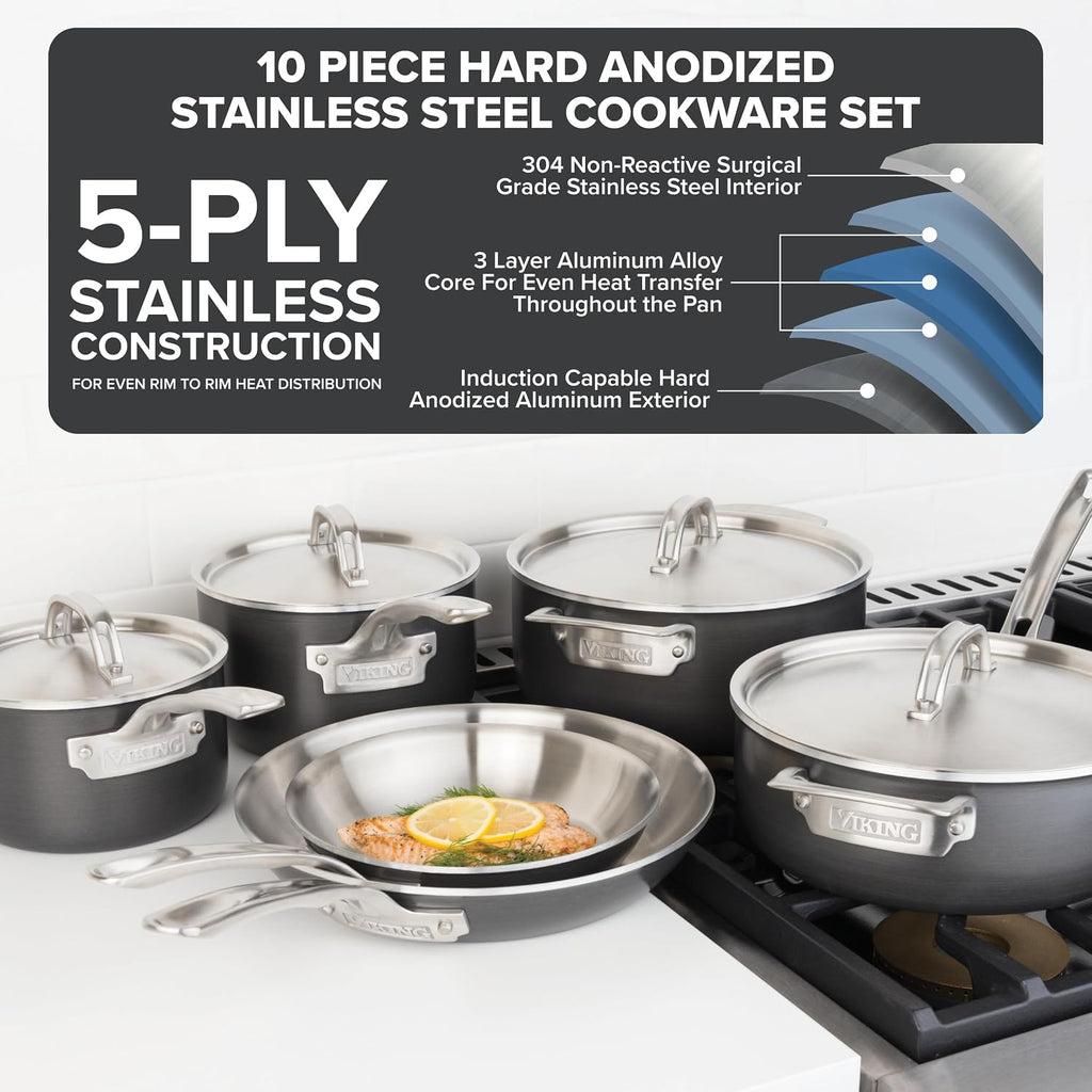 Viking 5-Ply Pots and Pans Set, 10 Piece Hard Anodized Cookware, Stainless Steel Lids, Silver