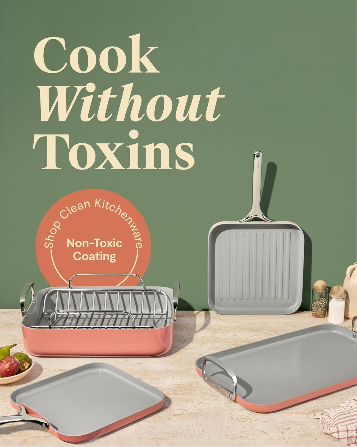 Caraway Square Cookware Set - Square Pans Set - Perfect for Griddling, Toasting, Searing, Roasting, and More - Non-Stick Ceramic Coated Pans - Non Toxic, PTFE & PFOA Free - Perracotta