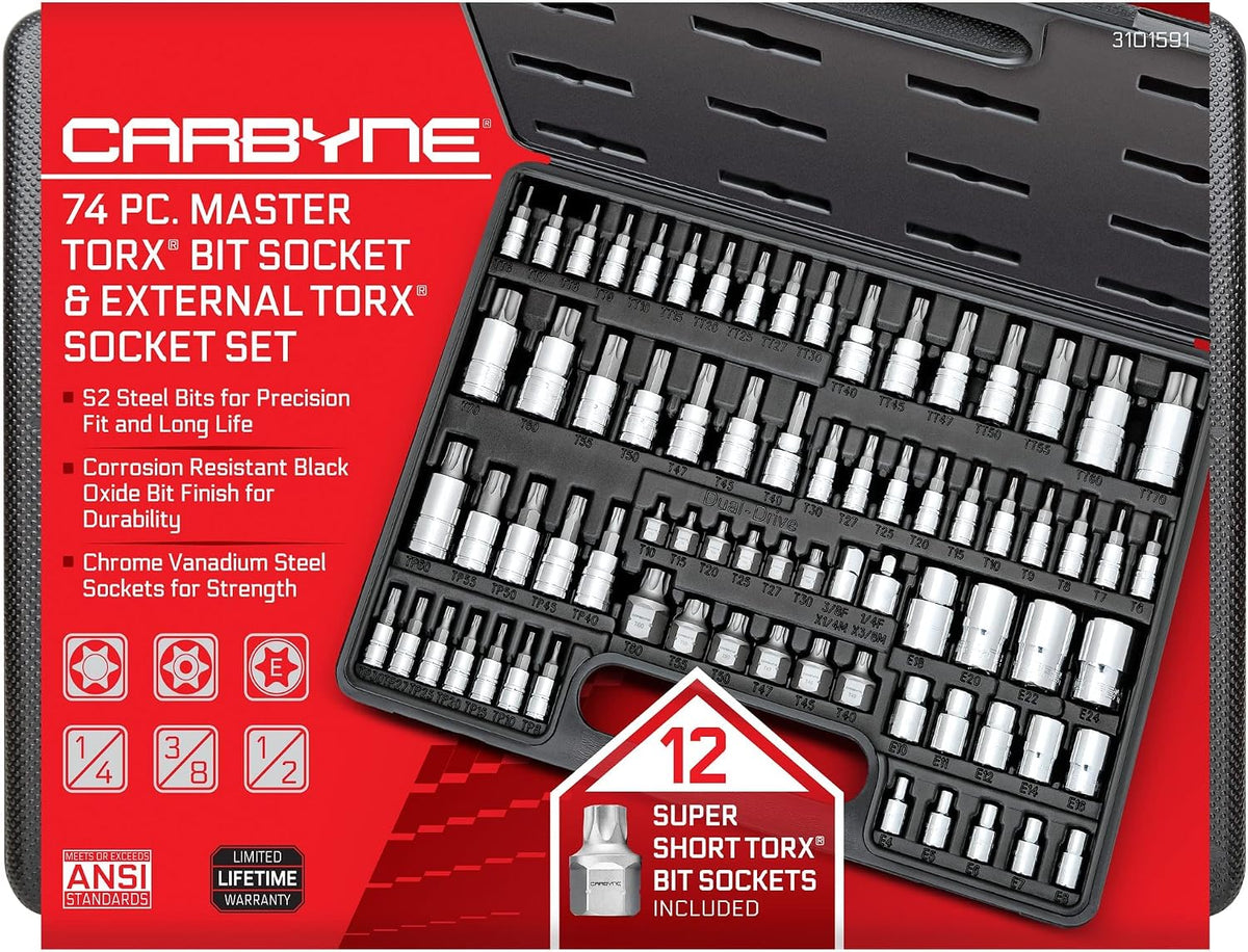 CARBYNE 74-Piece Master Torx Bit Socket Set and E-Torx Socket Set, Stubby Low Profile Super Short T10-T60, Standard T6-T70, Tamper TT6-TT70, Plus TP8-TP60, S2 Steel, Genuine Licensed Torx