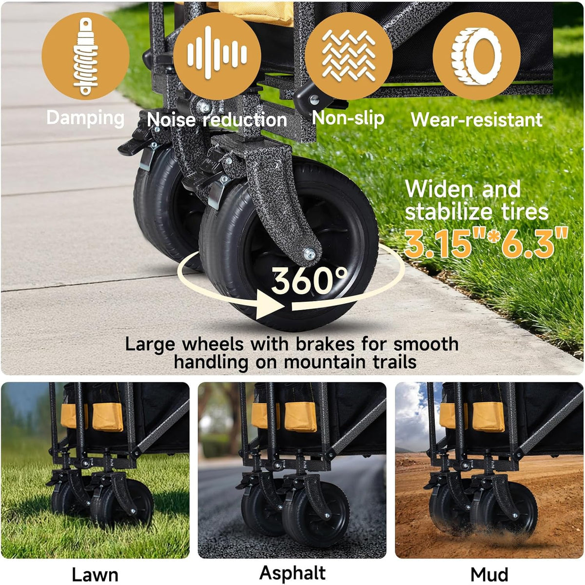 56' Large Collapsible Folding Wagon with Tailgate and Brake, 600LBS Heavy Duty Utility Cart, 250L Large All-Terrain Beach Wagon for Camping Garden Shopping Grocery Sports (Yellow, 250L)