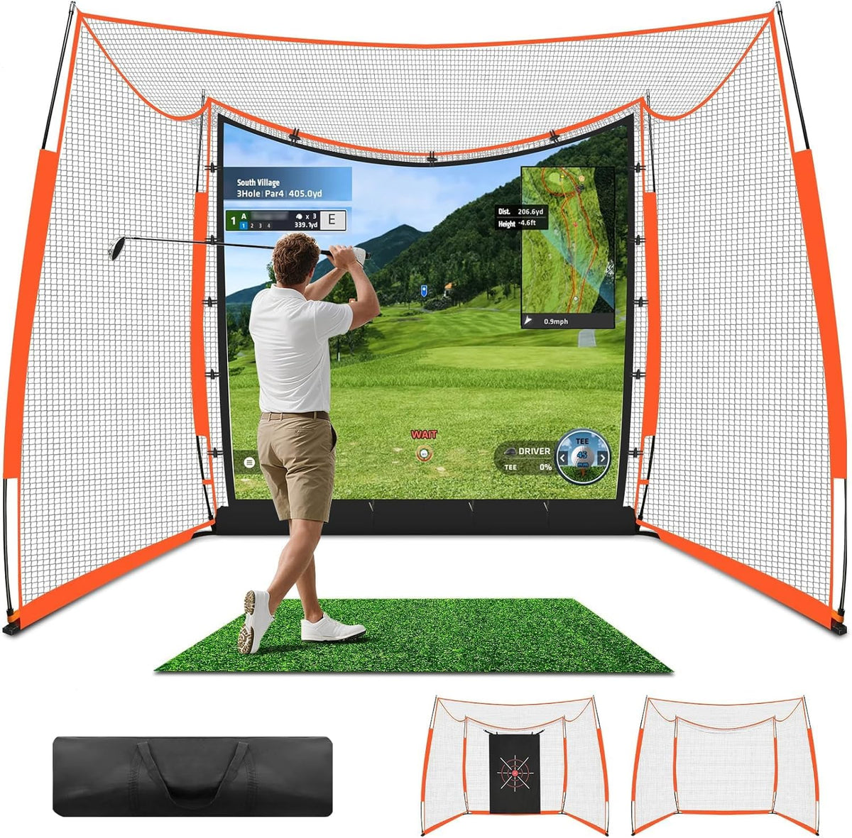 ORIENEGAR Golf Simulator Cage with HD Impact Screen & Target Practice Cloth, 11x8x5 FT Golf Hitting Net Cage, for Indoor, Outdoor, Garage, Backyard & Home Practice