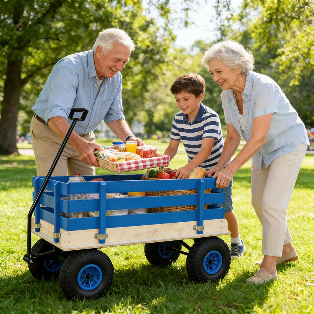 Garden Cart with Removable Side Panels, 176 lbs Capacity - Heavy-Duty Steel Yard Cart with Pneumatic Tires, Ideal for Gardening, Beach Use, and More (Blue-Black Handle)