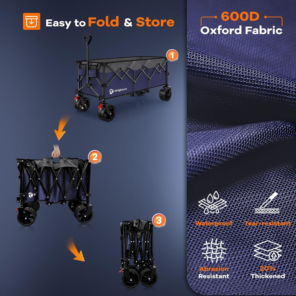Originsure 48' L Collapsible Beach Wagon Cart Foldable, 560LB Weight Capacity 300L Heavy Duty Folding Wagons with Big All-Terrain Wheels, Utility Carts for Groceries, Camping, Sports - Grey&Purple